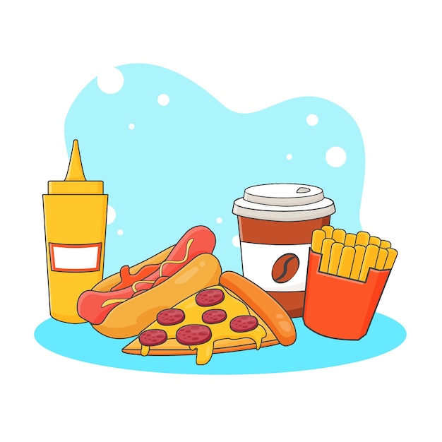 かわいいコーヒー ピザ ホットドッグ フライドポテト マスタードソースのアイコンイラスト ファーストフードアイコンコンセプト 漫画のスタイル プレミアムベクター