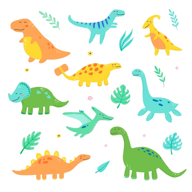 キッズデザインのかわいいカラフルな恐竜セット 手描きスタイルのイラスト プレミアムベクター