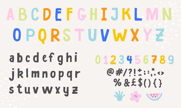 かわいいカラフルな英語のアルファベットフォント手書き文字数字と記号 プレミアムベクター