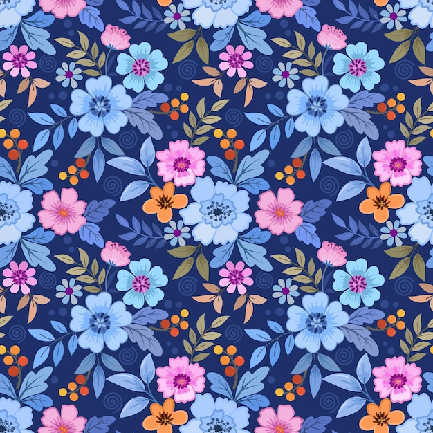 Premium Vector | Cute colorful flowers and leaf on dark blue color ...