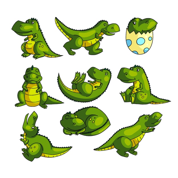 さまざまなポーズでかわいいカラフルな緑の恐竜のキャラクター プレミアムベクター