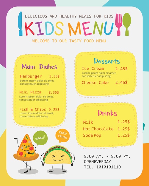 Premium Vector | Cute colorful kids meal menu vector template