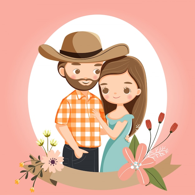 Cute Country Couple For Wedding Invitations Card Premium Vector