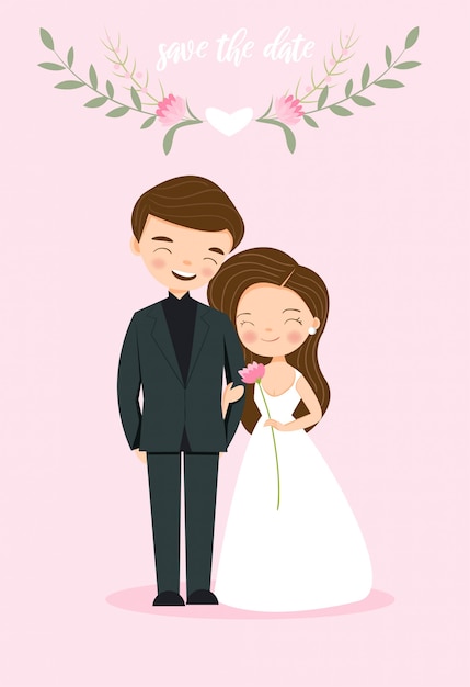 Cute couple bride and groom for wedding invitation card ...