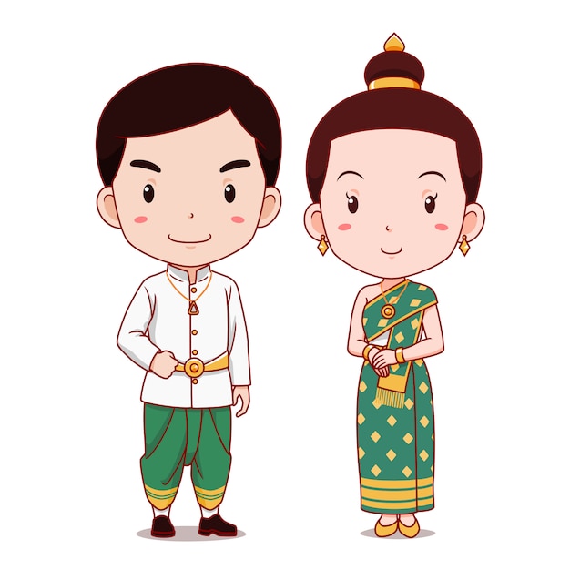 Cute couple of cartoon characters in laos traditional costume ...