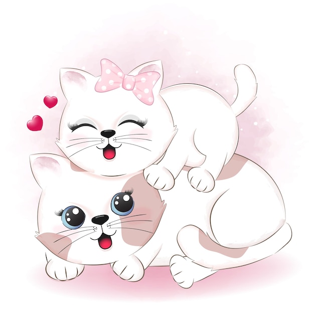 かわいいカップルの猫とハートのバレンタインデーのイラスト プレミアムベクター