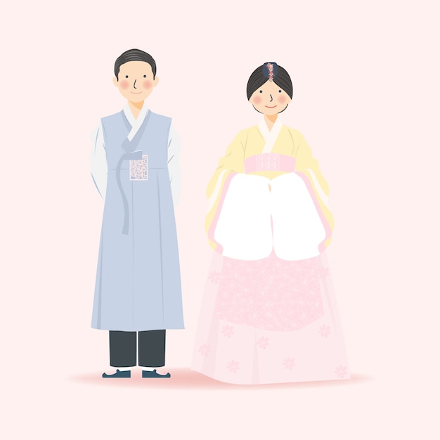 韓国の伝統的な韓服のかわいいカップルのイラスト結婚式の服 エレガントなかわいいカップルのイラスト プレミアムベクター