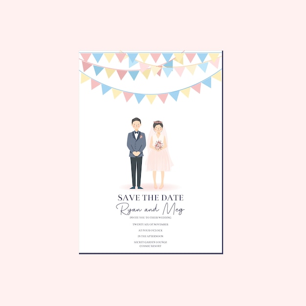 Premium Vector Cute Couple Illustration Wedding Invitation Save The Date Template With Couple Cartoon Character In Classic Party Decoration Whimsical Retro Vintage Vibe Theme