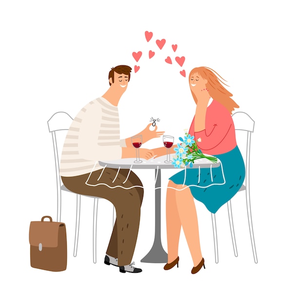 カフェで恋にお似合いのカップル デートのイラストが大好きです 男は結婚することを提案します プレミアムベクター