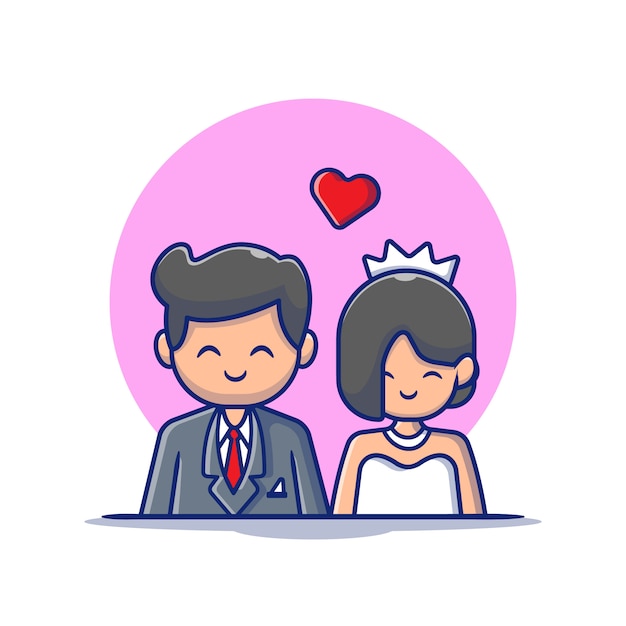 かわいいカップルの結婚男と女の漫画アイコンイラスト 人の結婚式のアイコンコンセプト分離プレミアム フラット漫画スタイル プレミアムベクター