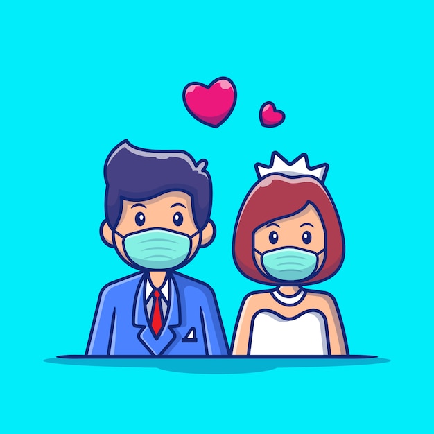 かわいいカップルの結婚の男性とマスク漫画アイコンイラストを着ている女性 人の結婚式のアイコンコンセプト分離プレミアム フラット漫画スタイル プレミアムベクター