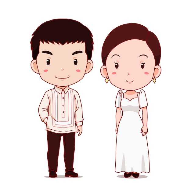 フィリピンの伝統的な衣装での漫画のキャラクターのかわいいカップル プレミアムベクター