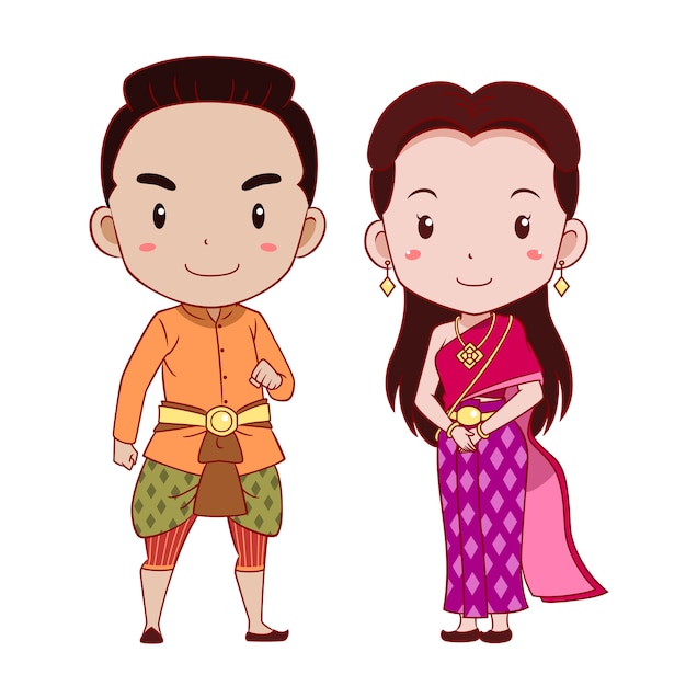 タイの伝統的な衣装のかわいいカップルの漫画のキャラクター プレミアムベクター