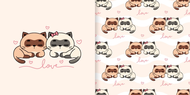 かわいいカップルのシャム猫のイラストとシームレスなパターン プレミアムベクター