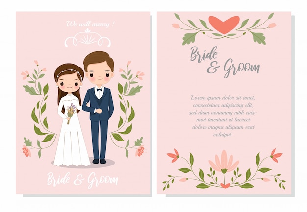 Cute couple on wedding invitation card template Premium Vector