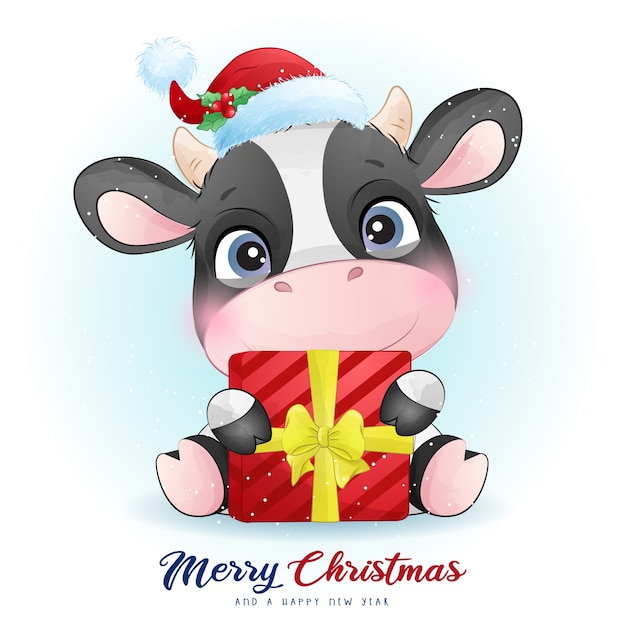 Premium Vector Cute cow for christmas day with watercolor illustration