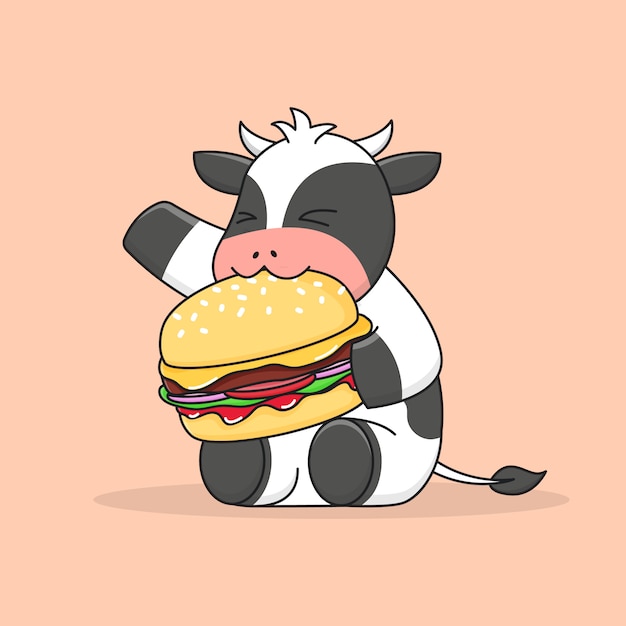 ハンバーガーを食べるかわいい牛 プレミアムベクター