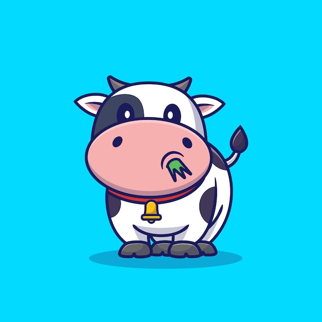 かわいい牛が草漫画アイコンイラストを食べる 分離された動物アイコンコンセプト フラット漫画スタイル プレミアムベクター