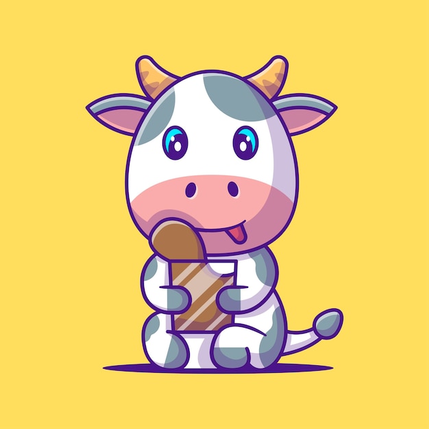 チョコレートミルク漫画イラストを保持しているかわいい牛 動物フラット漫画スタイルの概念 プレミアムベクター