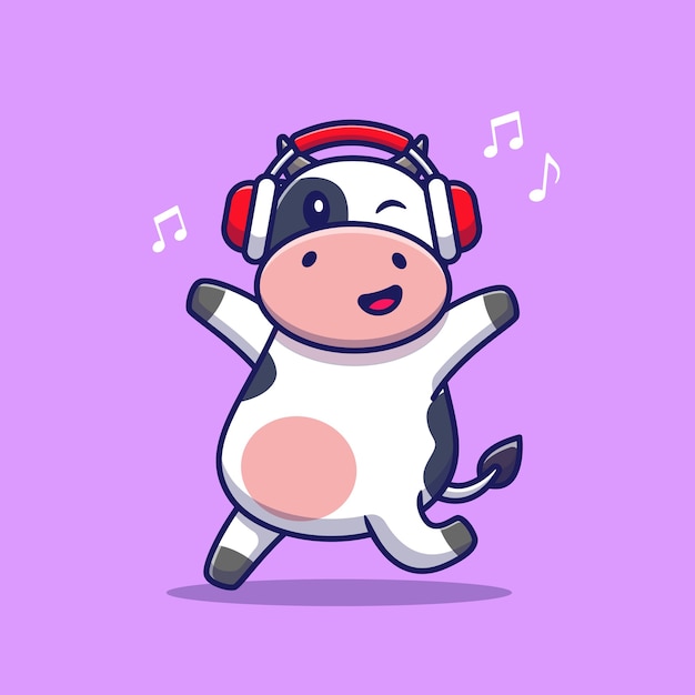 Free Vector | Cute cow listening music with headphone cartoon . animal