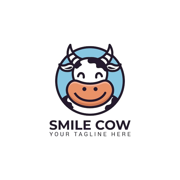 プレミアムベクター かわいい牛マスコットロゴキャラクターイラスト笑顔ミルクファームベクトルの丸い円のロゴ