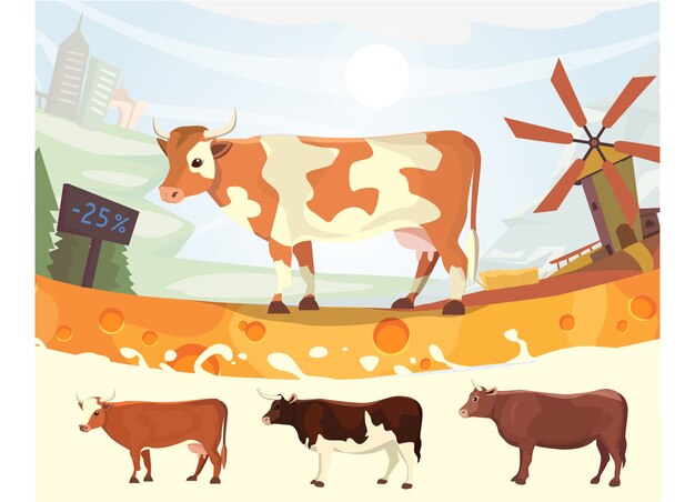 ミルク川イラストカラフルな風景フィスファーム漫画哺乳類動物とかわいい牛 プレミアムベクター
