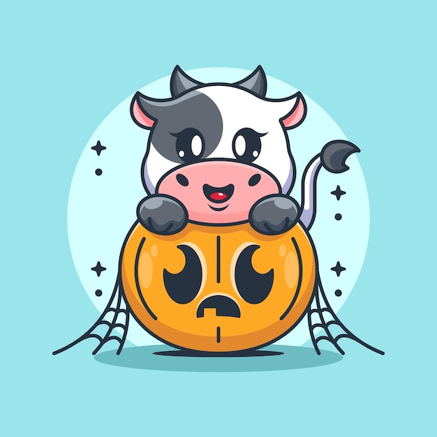 Premium Vector Cute cow with pumpkin cartoon