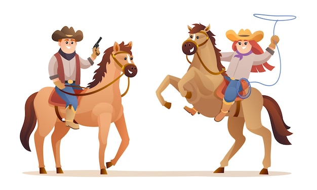 かわいいカウボーイと騎乗位の馬のキャラクター野生動物の西洋のコンセプトイラスト プレミアムベクター