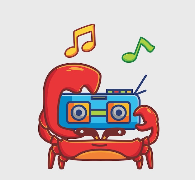 かわいいカニはラジオ音楽をもたらします 漫画の動物の趣味の概念孤立したイラスト ステッカーアイコンデザインプレミアムロゴベクトルに適したフラットスタイル マスコットキャラクター プレミアムベクター