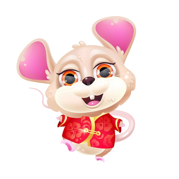 かわいいダンスマウスのかわいい漫画のキャラクター 中国の新年の干支のシンボル 伝統的な赤い衣装で愛らしい 面白い動物分離ステッカー パッチ 白い背景の アニメ赤ちゃんラット絵文字 プレミアムベクター