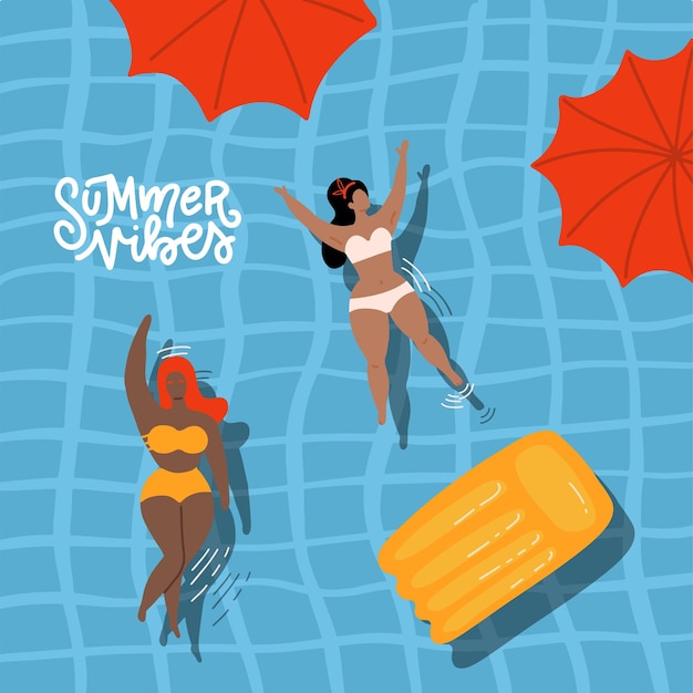 プールの手描きのイラストで泳ぐ女性と女の子とかわいい装飾的な夏の雰囲気のバナー プレミアムベクター