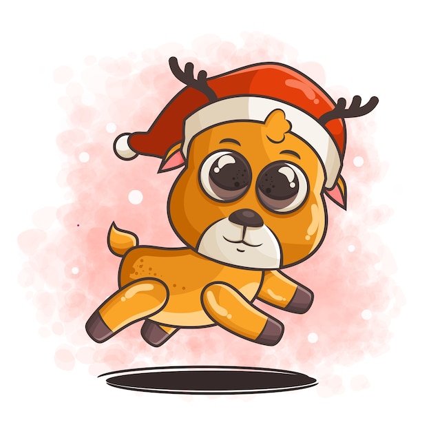 クリスマスの帽子のイラストを身に着けているかわいい鹿のキャラクター プレミアムベクター