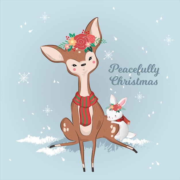 Download Cute deer and rabbit in the christmas Vector | Premium ...