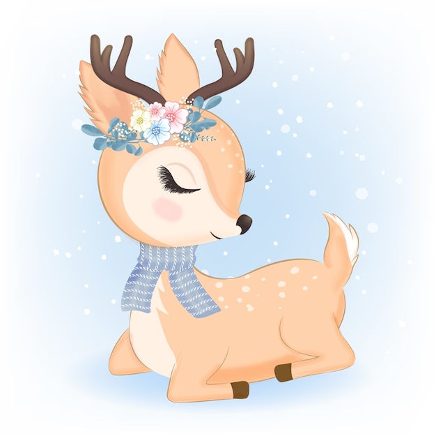 クリスマスイラストの花束とかわいい鹿 プレミアムベクター