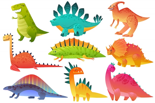 かわいい恐竜 恐竜ドラゴン野生動物キャラクター自然幸せな子供翼竜ブロントサウルスディノス図ジャングル漫画アイコン プレミアムベクター
