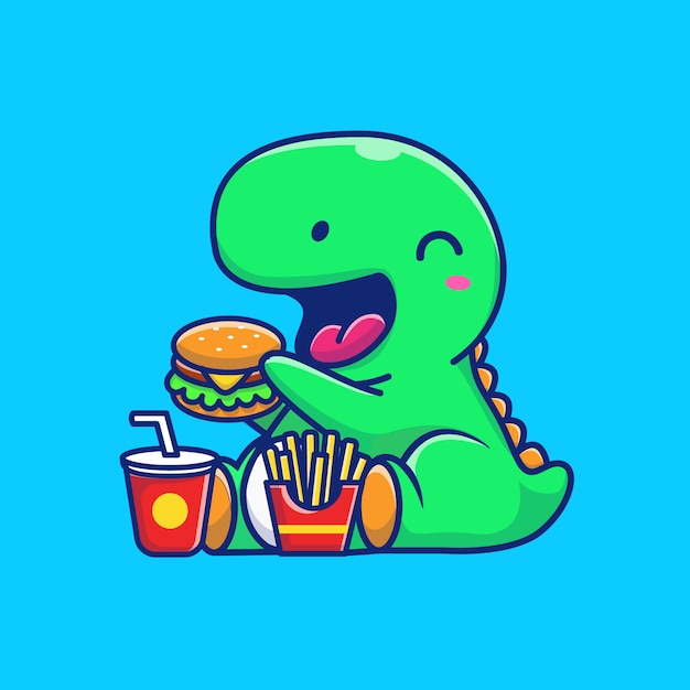 かわいい恐竜食べるハンバーガーアイコンイラスト ディノマスコットの漫画のキャラクター 分離された動物アイコンコンセプト プレミアムベクター