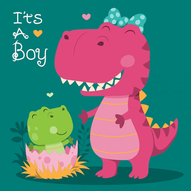 かわいい恐竜のママと赤ちゃんのイラスト プレミアムベクター