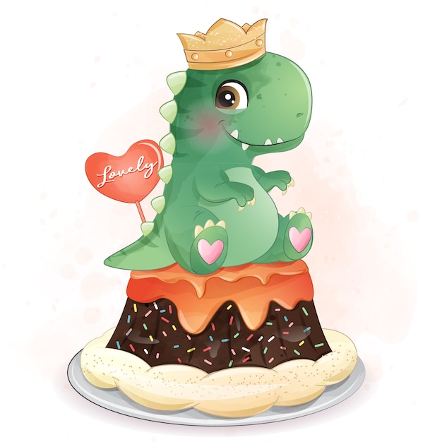 ケーキのイラストに座っているかわいい恐竜 プレミアムベクター
