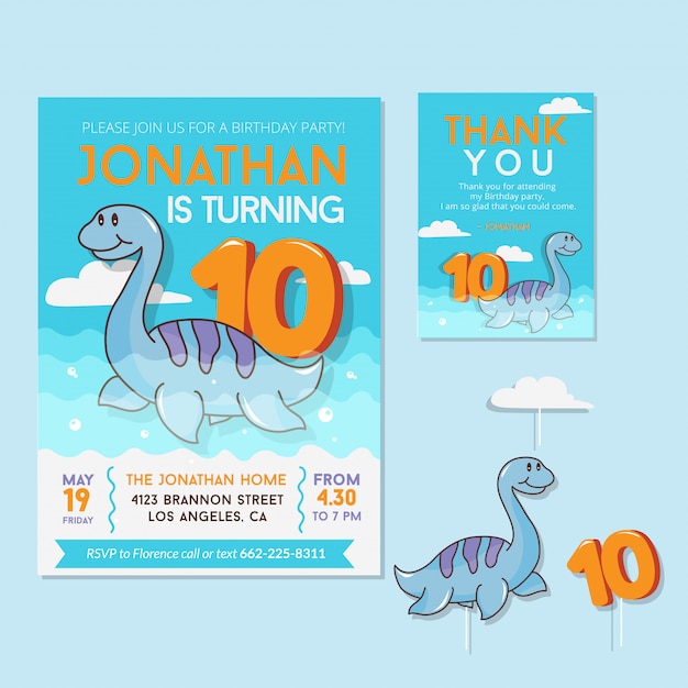 Premium Vector | Cute dinosaur theme 10th birthday party invitation card