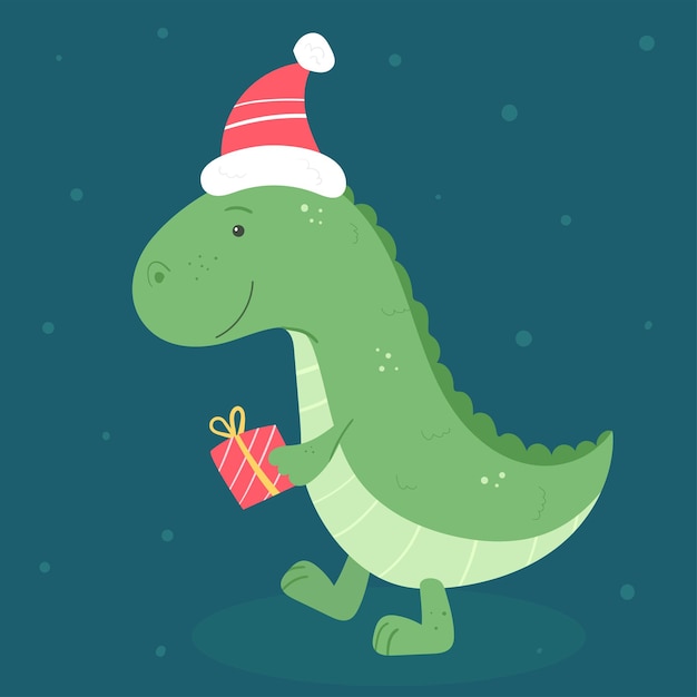 Premium Vector | Cute dinosaur with gift and hat in cartoon style.