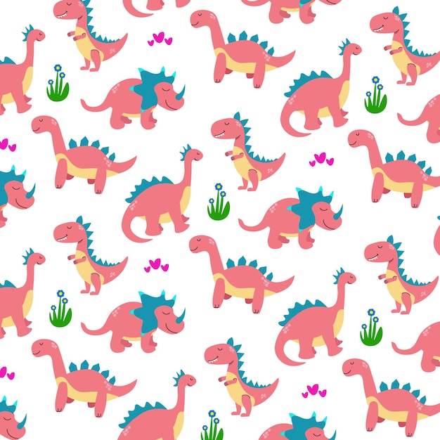 Premium Vector | Cute dinosaurs collection pink color pattern vector ...