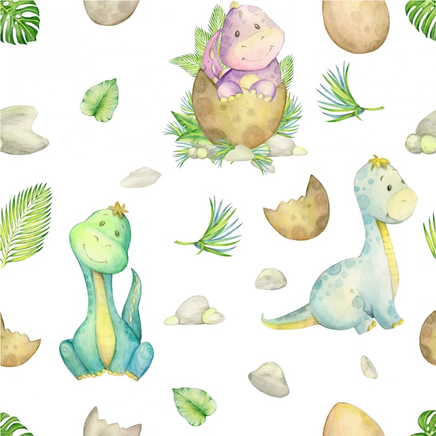 Premium Vector Cute Dinosaurs Collection Watercolor Seamless Pattern