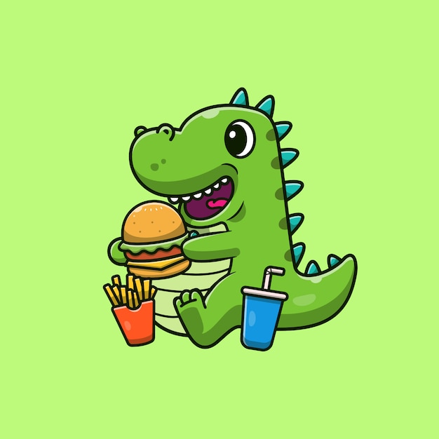 Premium Vector | Cute dinosaurs eating burger illustration. dino mascot ...