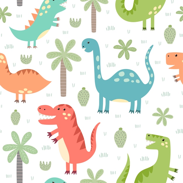 かわいい恐竜のシームレスパターン 生地や織物 壁紙 Webページの背景 カードやバナーのデザインに最適な幼稚なスタイルで プレミアムベクター