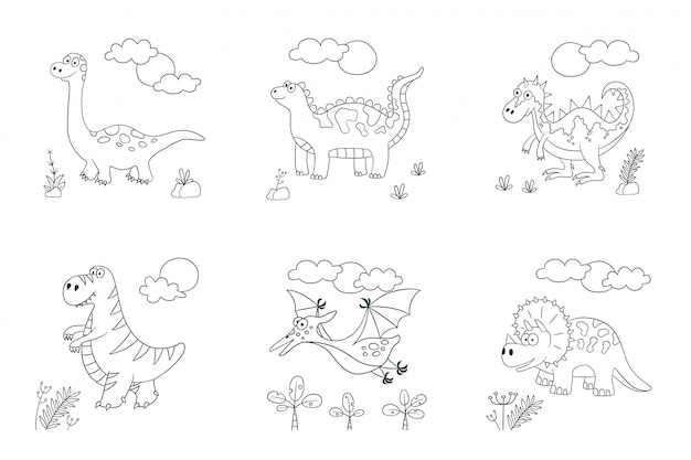 かわいい恐竜 恐竜のセットです 落書きと漫画のスタイルのイラスト プレミアムベクター