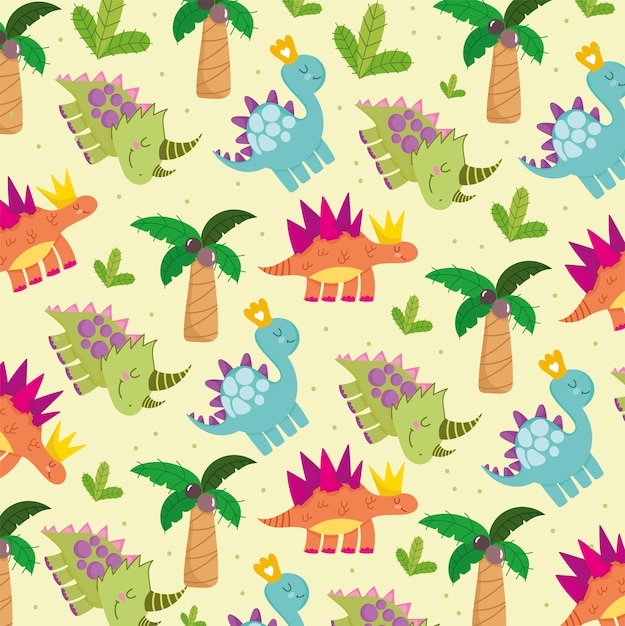 Premium Vector | Cute dinosaurs and tropical trees