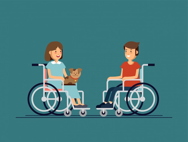 車椅子に座っているかわいい無効になっている男の子と女の子の子供は 子犬を膝の上に置いています 障害者 プレミアムベクター