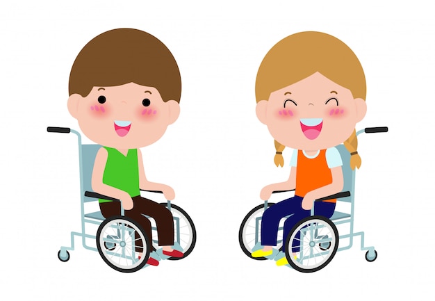 障害者の車椅子に座っているかわいい障害児 カラフルなフラットスタイルの漫画 プレミアムベクター