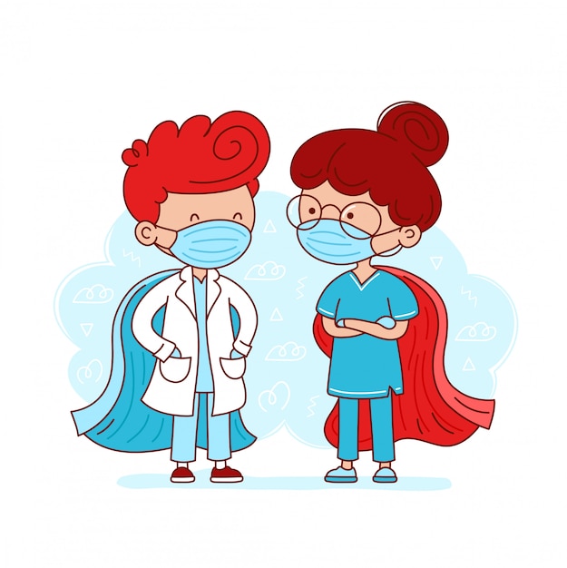 Premium Vector Cute Doctor And Nurse With Medical Masks And Super Hero Capes Cartoon Character Flat Line Illustration Superhero Medical Healtcare Workers Concept Isolated On White Background