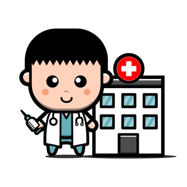 病院の建物の漫画のキャラクターの前に注射でかわいい医師 プレミアムベクター